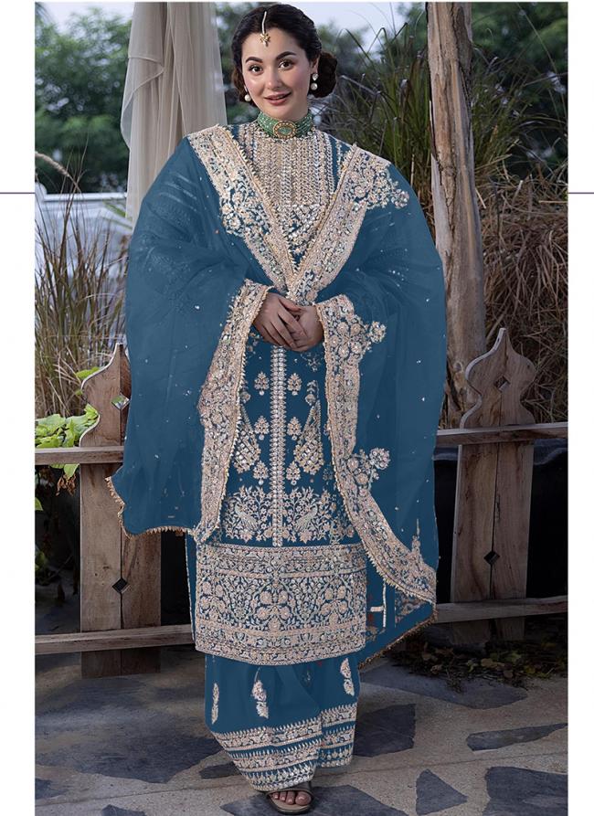Faux Georgette Blue Eid Wear Embroidery Work Pakistani Suit